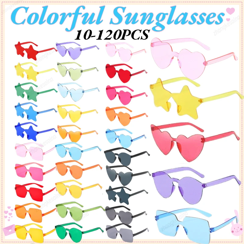 10-120PCS Party Heart Sunglasses Wedding Sunglasses for Guests Bachelorette Gifts Rimless Colorful Sunglass Birthday Photo Props