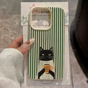 Funny Coffee Cat Pattern Lychee Soft Phone Case For iPhone 17 16 15 14 13 12 11 Pro Max 15 Plus 17 Air X Xs XR Shockproof Cover